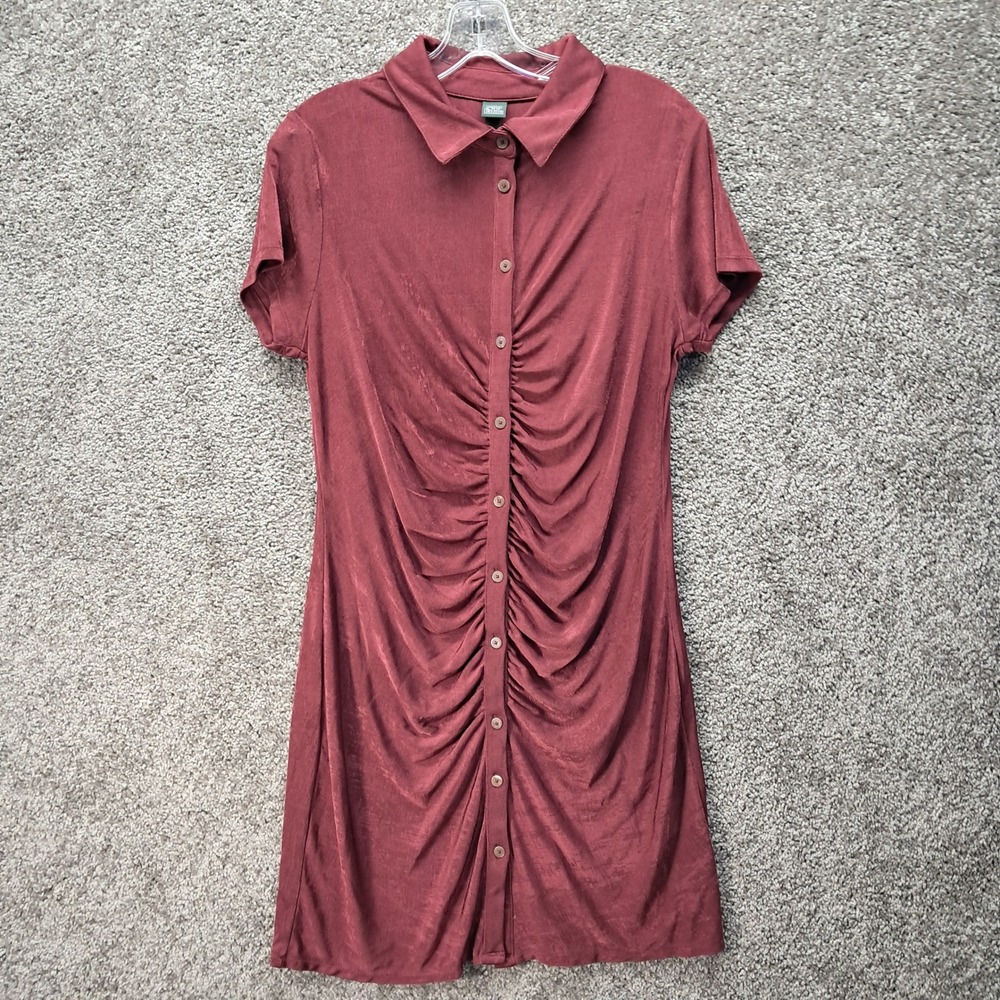 Wild Fable Burgundy Ruched Button Front‎ Mini Dress Short Sleeve Collared Large